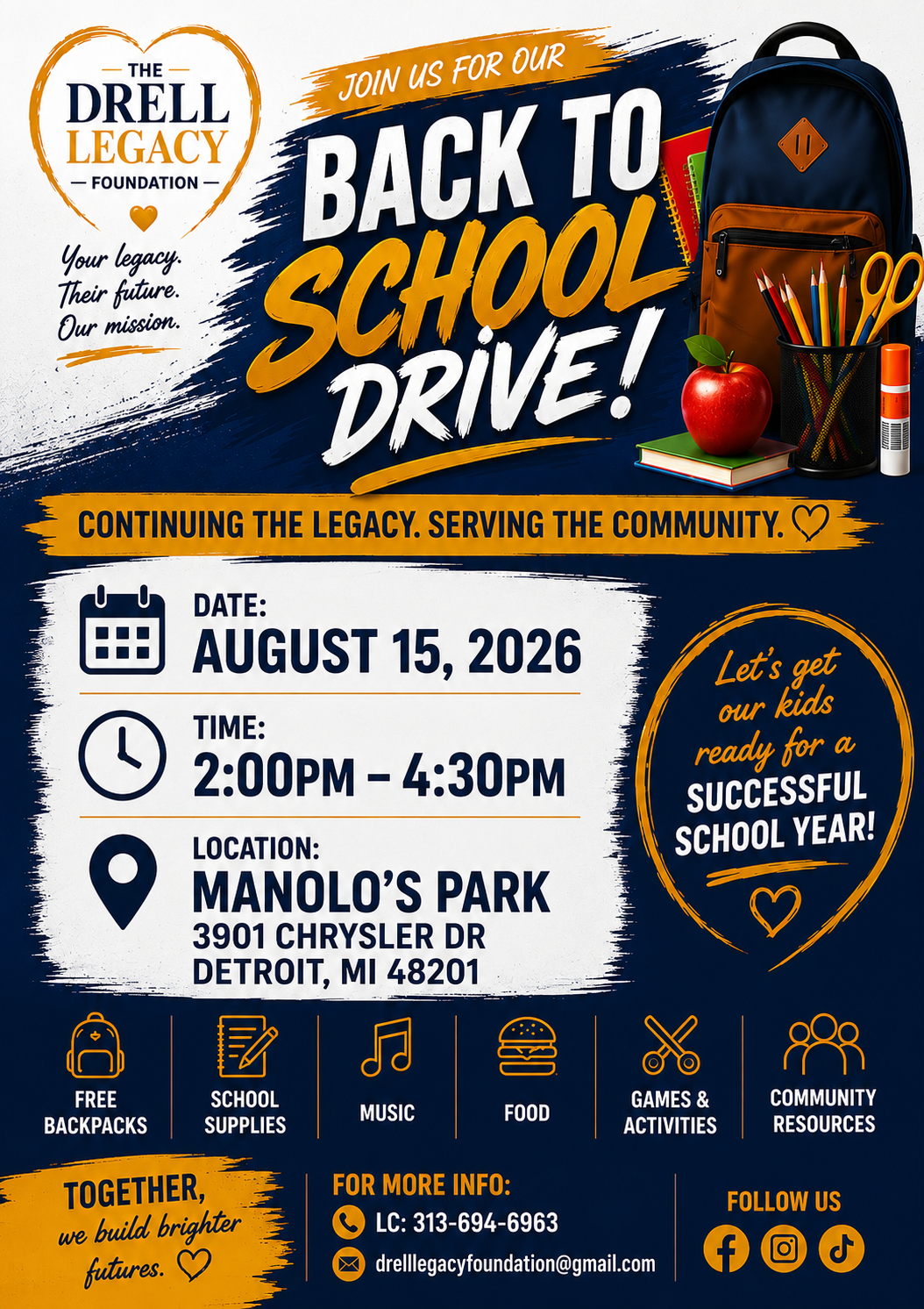 Flyer for The Drell Legacy Foundation Back-to-School Drive on August 15, 2026